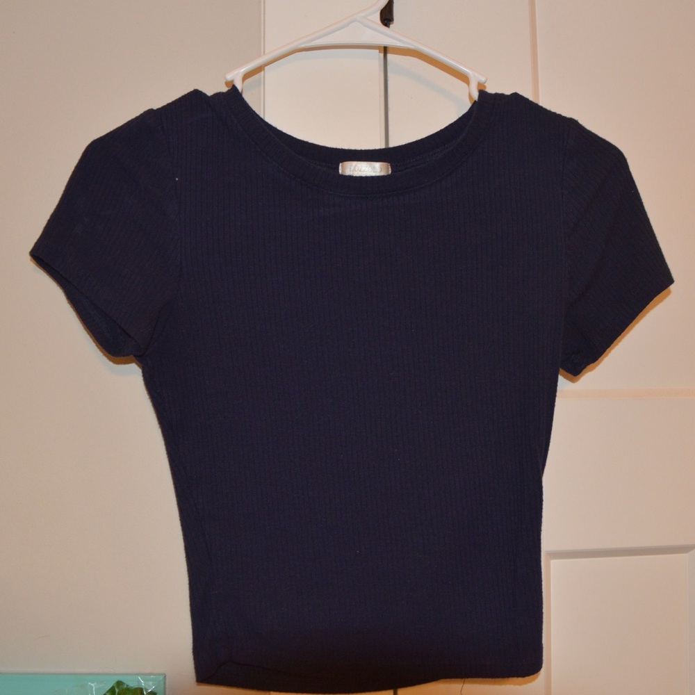Navy Blue Ribbed Short Sleeve Top